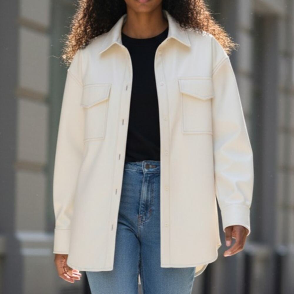The Drop Lisadnyc Ivory PU Flap Pocket Button Front Shacket Women's Size XL NWT